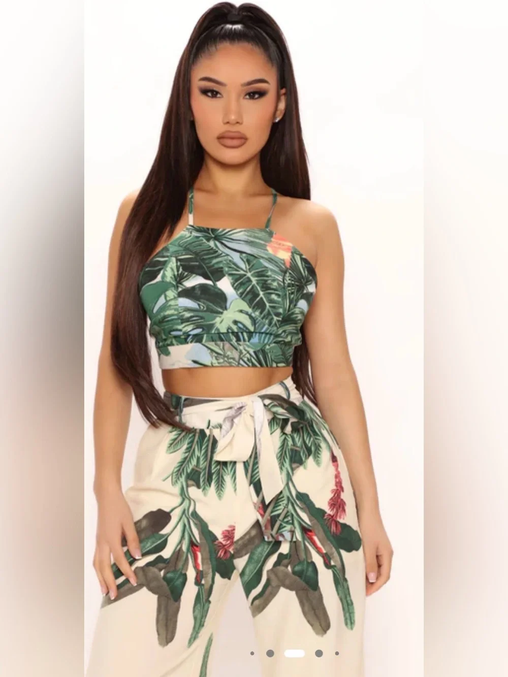 Fashion Nova Cream Tropical High-Waist Wide-Leg Pants Set with top